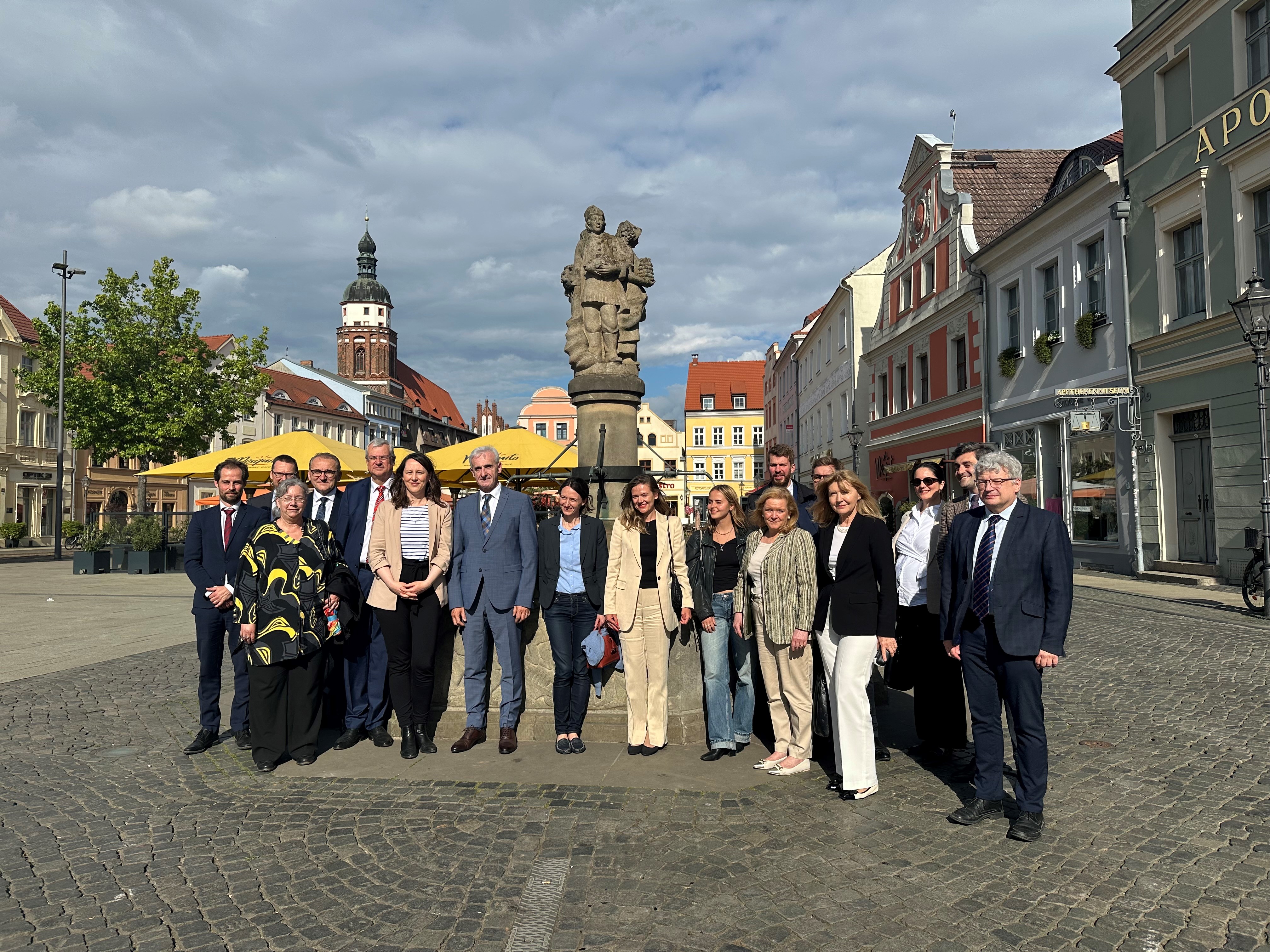 Die Richterinnen und Richter des Partnerschaftstreffens stehen vor einem Brunnen  in Cottbus